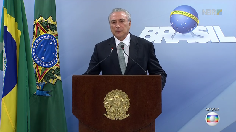 O presidente segundo sol Michel Temer durante pronunciamento, ao vivo, na Globo (Foto: Reprodução/Globo)