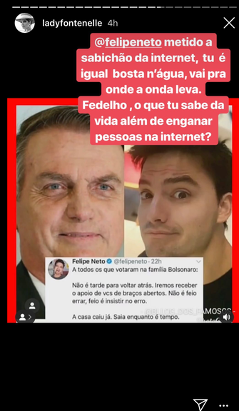 Antonia Fontenelle brigou com Felipe Neto por causa de Bolsonaro (Foto: Reprodução/Instagram)