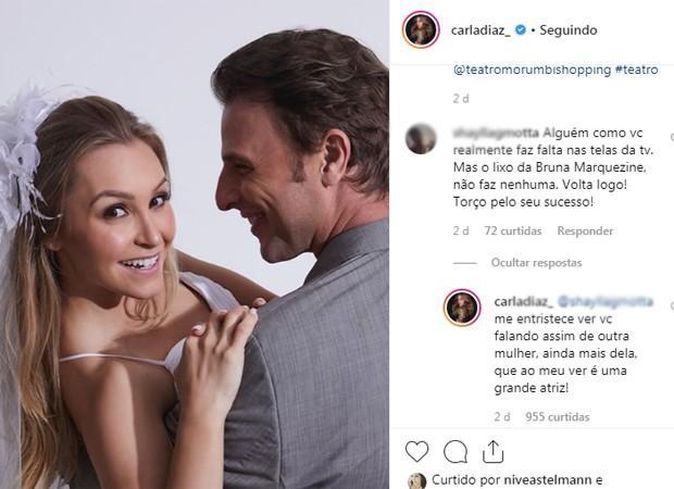 Carla Diaz discute com fã e enaltece atriz da Globo, Bruna Marquezine 