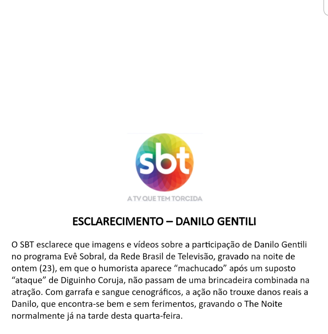 SBT se pronuncia oficialmente sobre agressões e briga de Danilo Gentili Foto: Reprodução