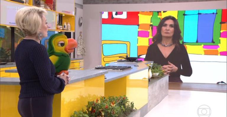 Fátima Bernardes durante interação com Ana Maria Braga e o Louro José (Reprodução: TV Globo)