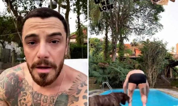 Felipe Titto leva mordida de seu cachorro, após o animal se assustar com seu pulo na piscina (Imagem: Instagram)
