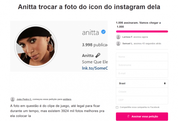 Anitta acaba revoltando fãs e petição é criada na internet afim de melhoras no perfil da cantora. Foto: Reprodução