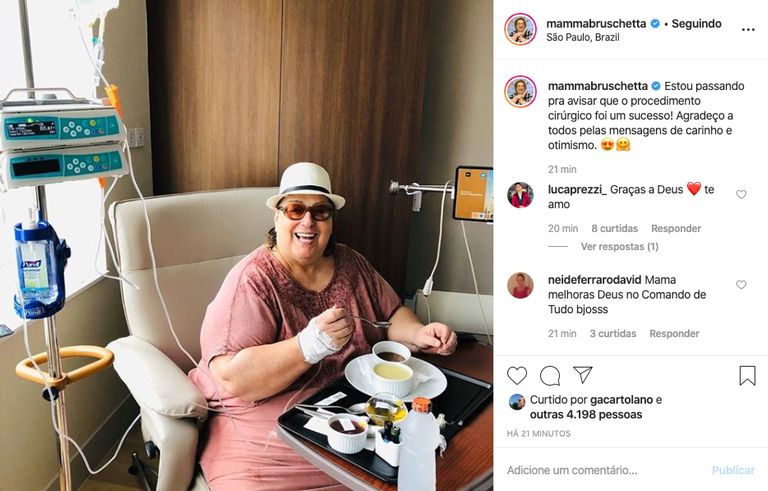 Com foto, Mamma Bruschetta tranquiliza fãs após cirurgia de retirada de tumor Foto:Instagram