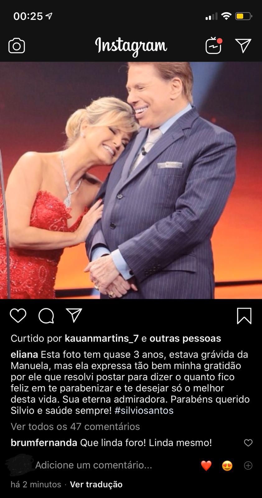 Eliana homenageia Silvio Santos e perde a noção do tempo (Foto: reprodução/Instagram)