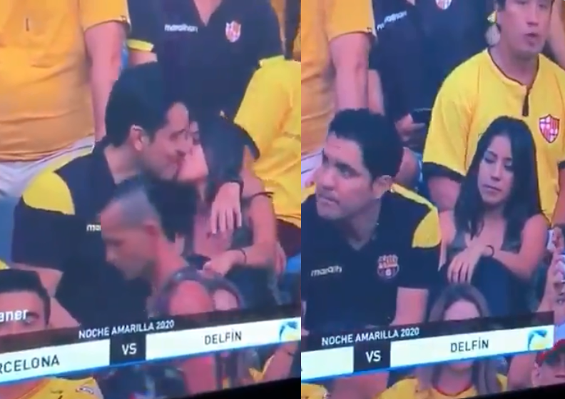 O sujeito se arrependeu de beijar namorada ao perceber que estava sendo filmado em estádio de futebol ao vivo (Foto: Reprodução) homem