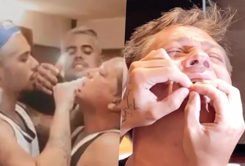 O cantor Leonardo foi flagrado de boca aberta e sentindo dores após ter mordido o caroço de uma fruta (Foto reprodução) 